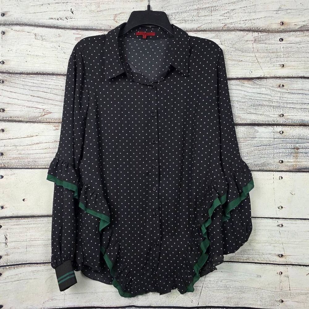 Red BKE Black Polka Dot Ruffle Button Blouse M